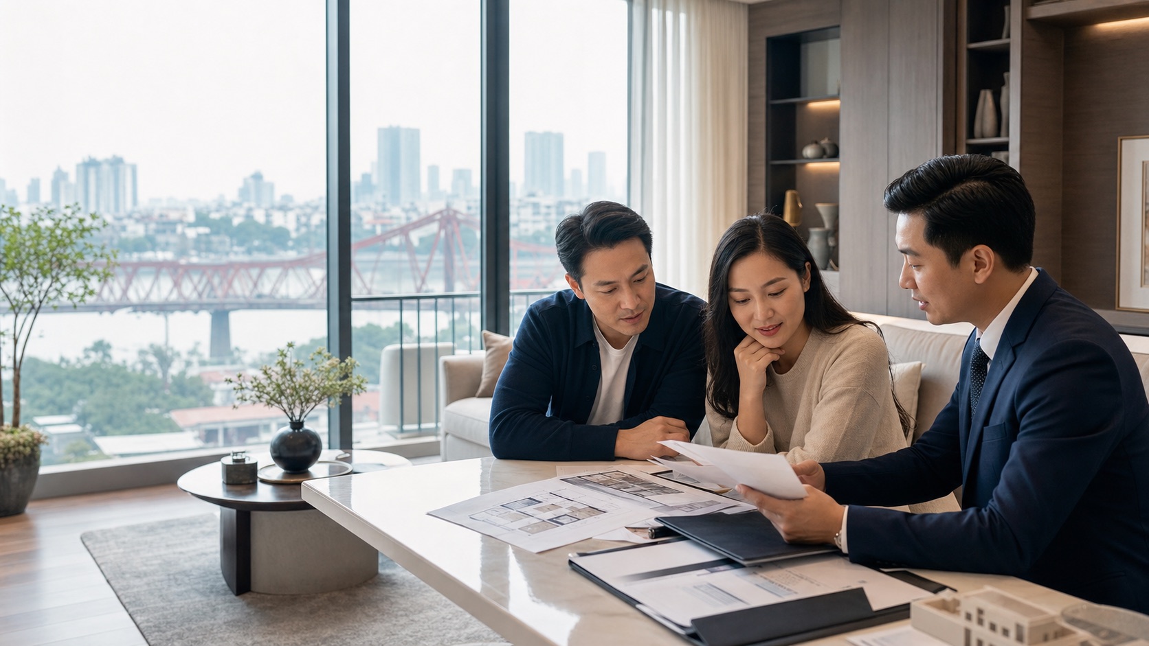 Gia đình Việt Nam cùng chuyên viên phân tích phương án mua nhà tại Hà Nội