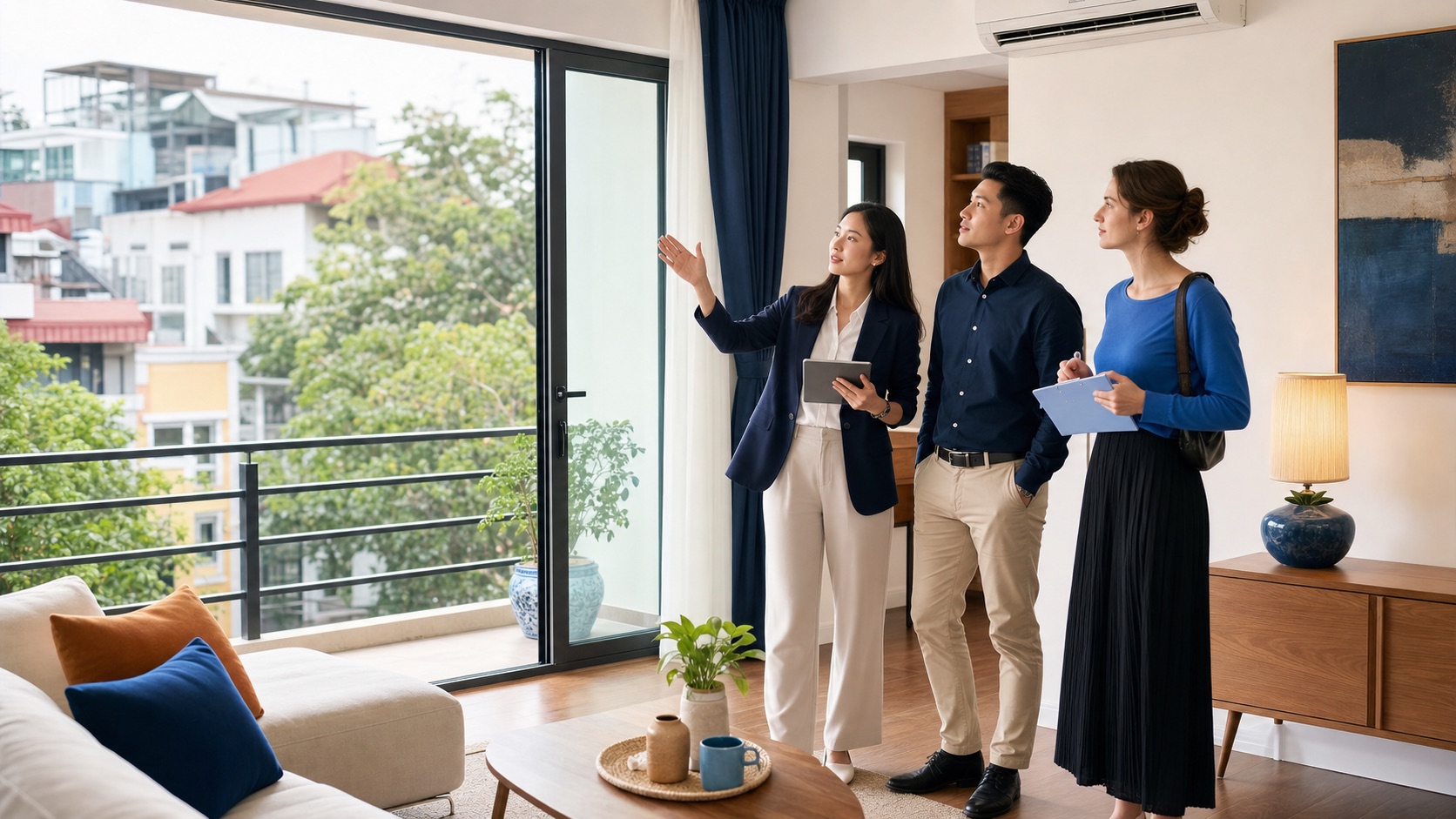 Khách thuê và chuyên viên kiểm tra căn hộ cho thuê tại Hà Nội